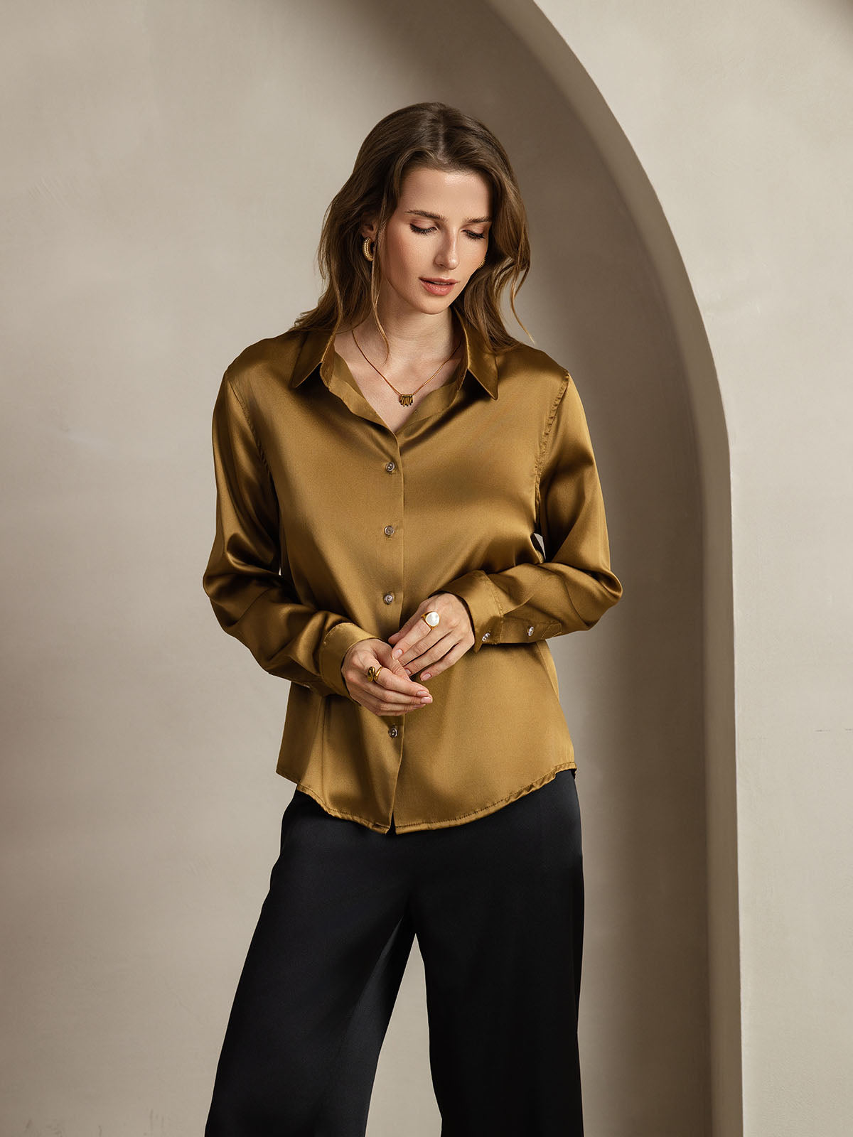 [Bronze] SilkSilky-AU Silk Lapel Collar Women's Shirt 006