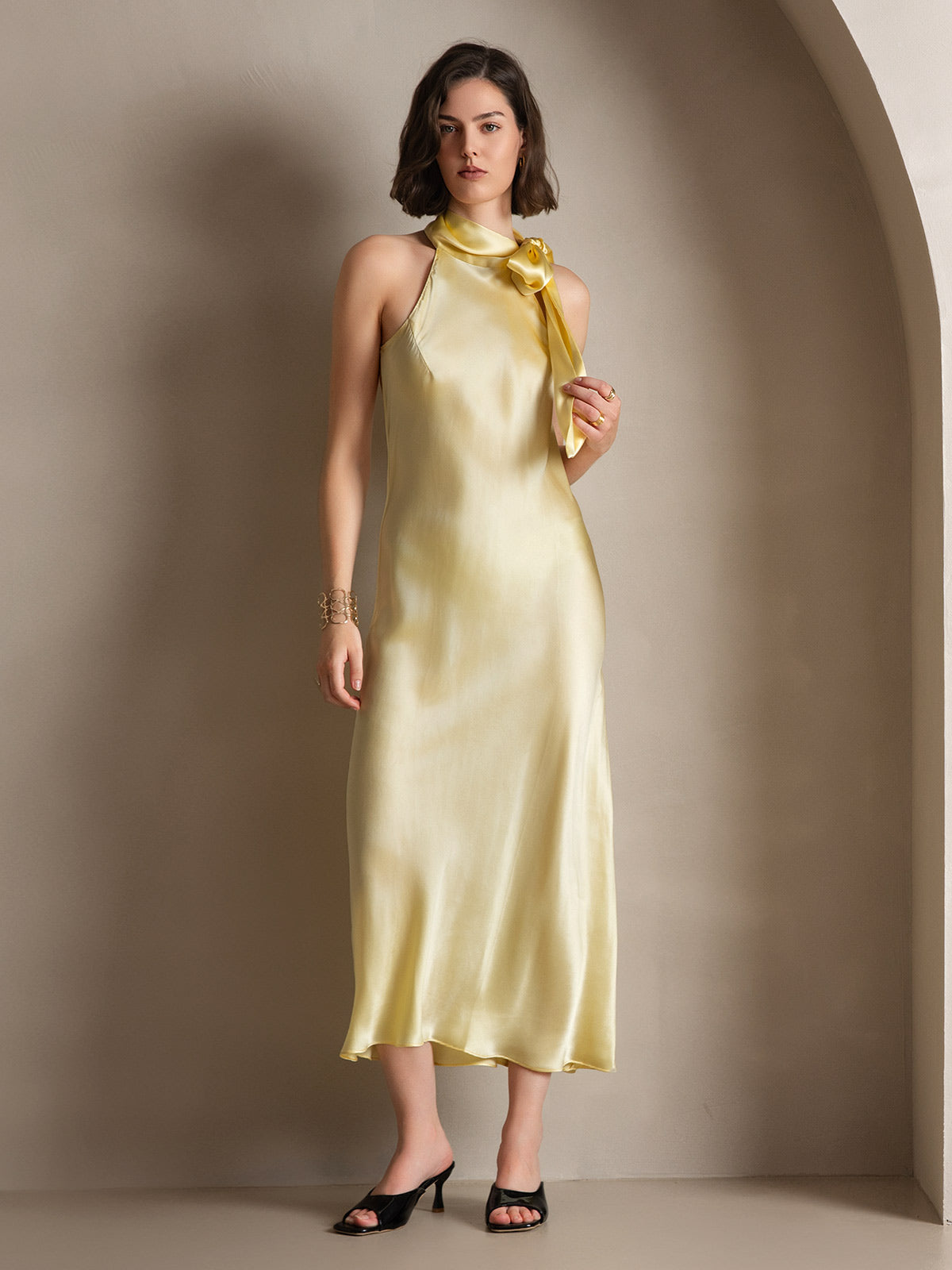 [Light Yellow] SilkSilky-AU 19Momme Silk Sleeveless Tie Neck Dress 007