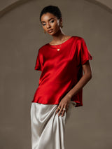 [Wine] SilkSilky-AU 19Momme Stretch Silk Charmeuse Short Sleeve Boat Neck Women's T-Shirt 001