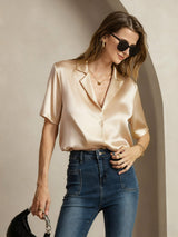 [Champagne] SilkSilky-AU Short Sleeve Notch Collar Women's Shirt 001