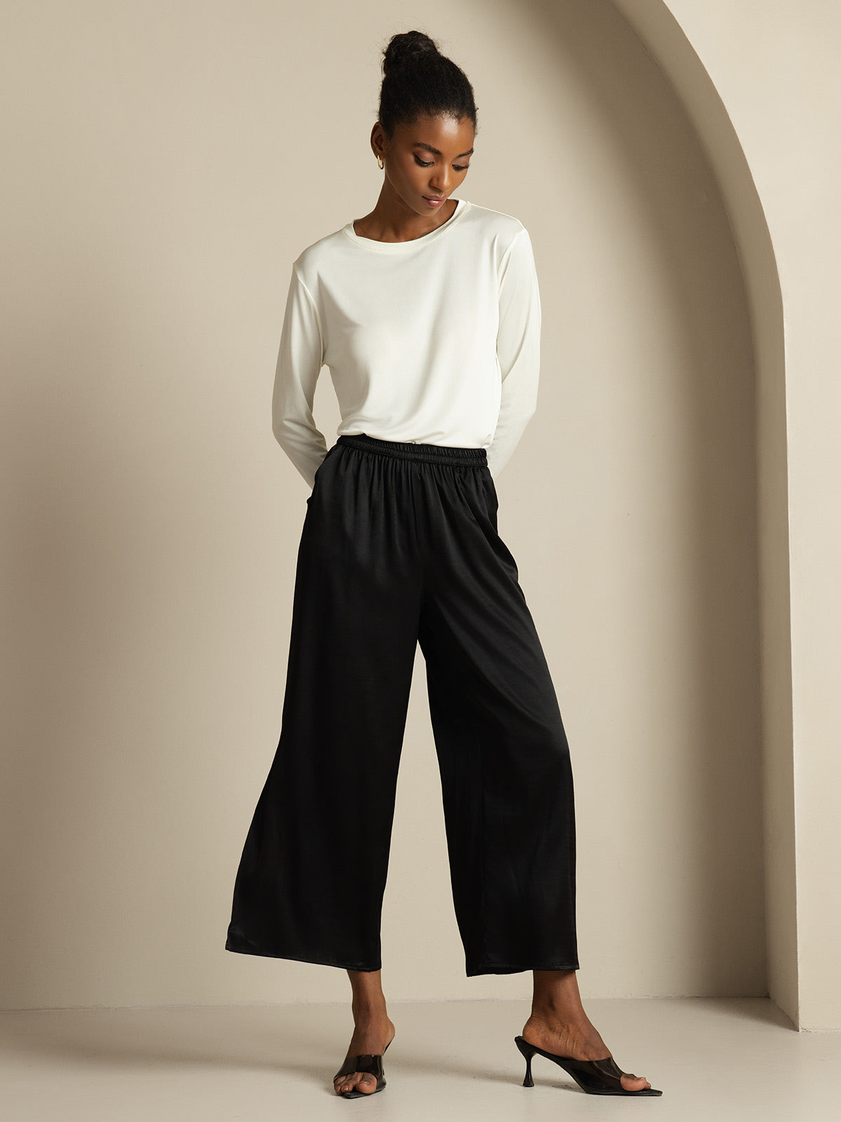 [Black] SilkSilky-AU 19Momme Silk Split Women's Pants 005,