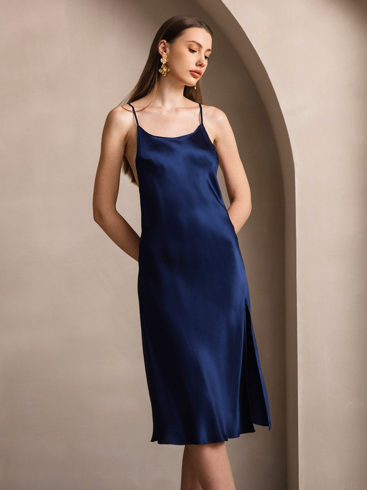 [Dark Blue] SilkSilky-AU Pure Silk Round Neck Dress 001