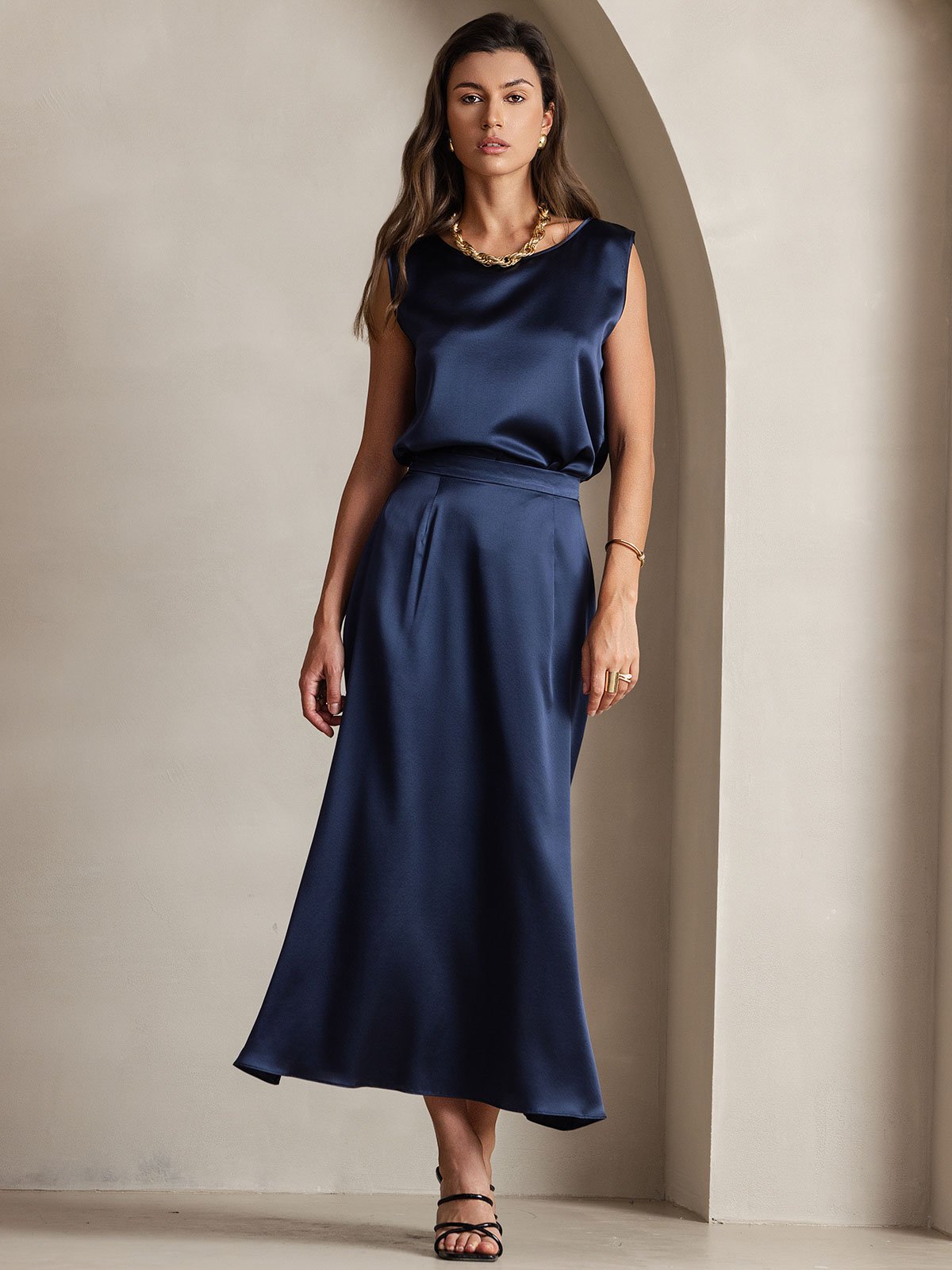 [Dark Blue] SilkSilky-AU 19Momme Stretch Silk Charmeuse Skirt 005