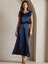 [Dark Blue] SilkSilky-AU 19Momme Stretch Silk Charmeuse Skirt 005