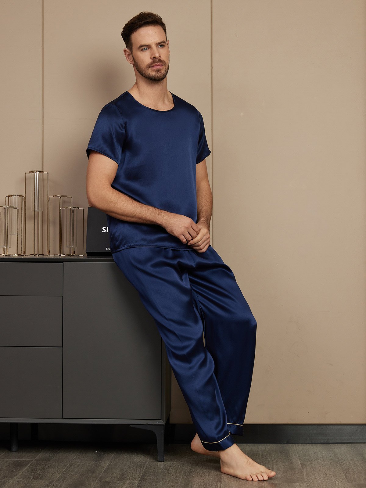 SilkSilky AU Pure Silk Short Sleeve Round Neck Men's Pyjamas DarkBlue 005