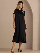 [Black] SilkSilky-AU Short Sleeve Crew Neck Dress 005
