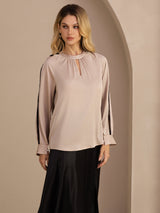 [Tan] SilkSilky-AU Long Sleeve Keyhole Neck Women's Blouse 004