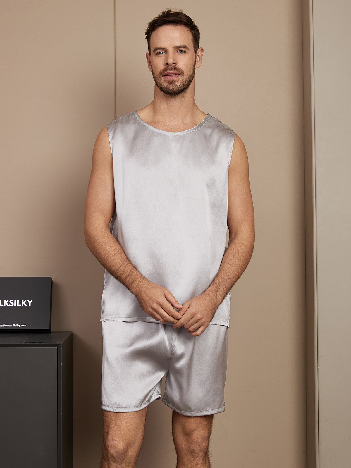 SilkSilky AU Pure Silk Sleeveless Round Neck Men's Pyjamas Silver 001