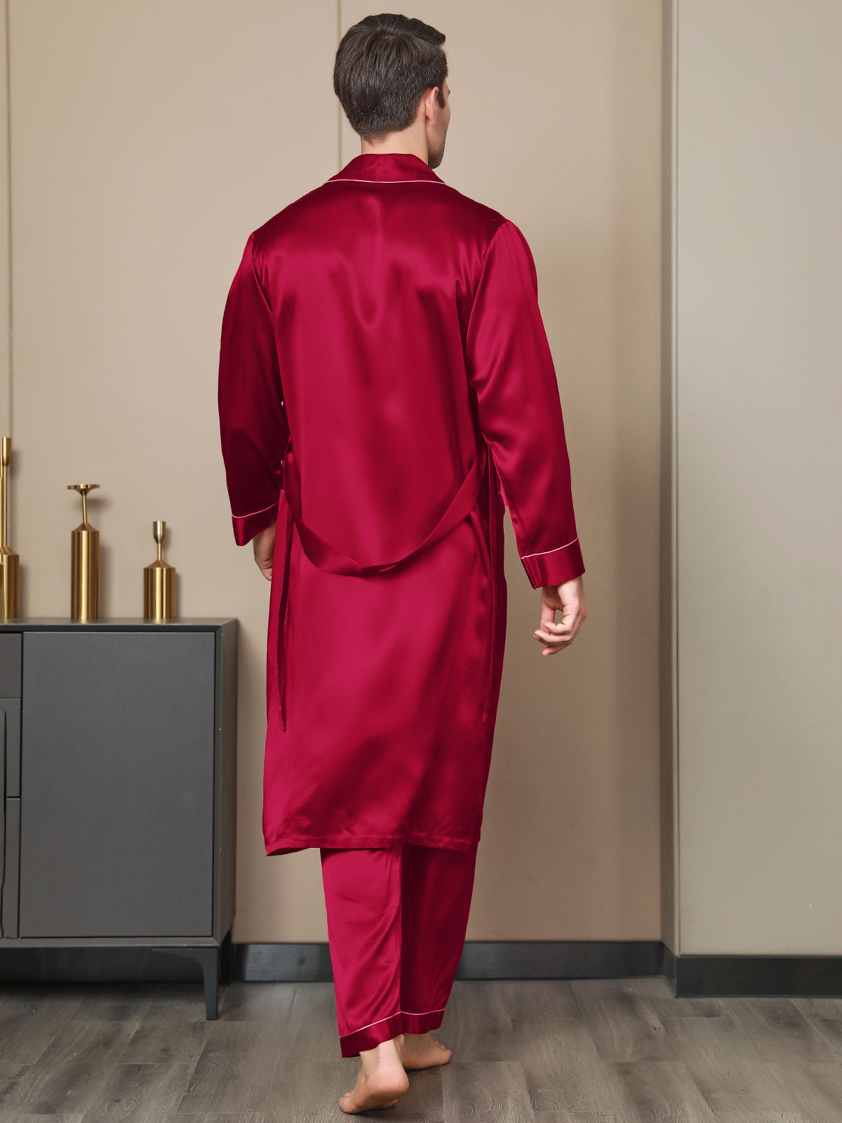 SilkSilky AU Pure Silk Long Sleeve Lapel Men's Dressing Gown Wine 002