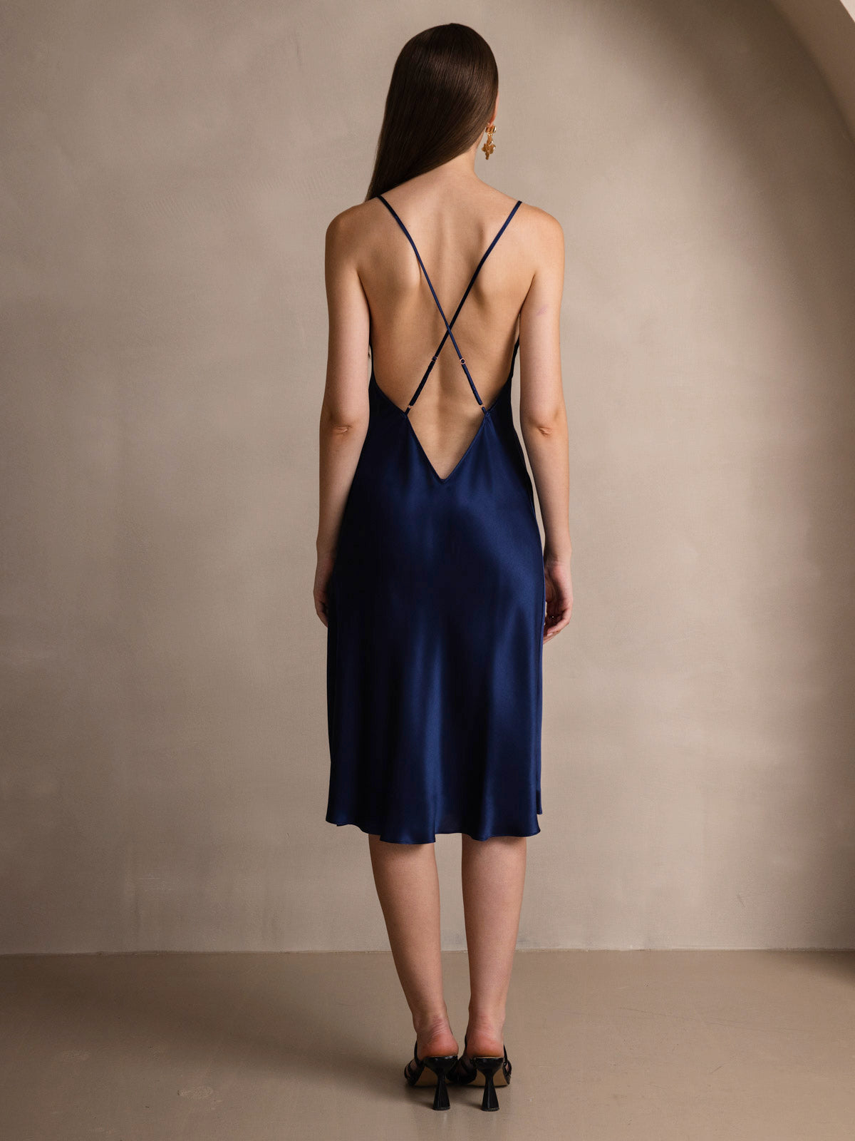 [Dark Blue] SilkSilky-AU Pure Silk Round Neck Dress 002