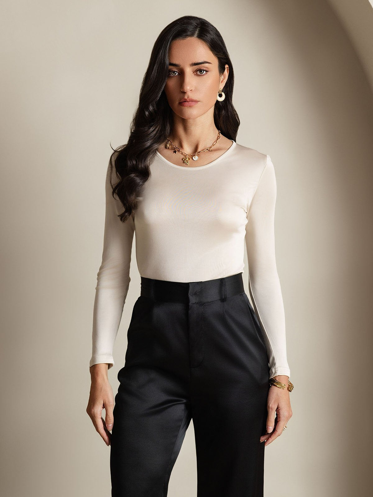 [Beige] SilkSilky-AU Silk Jersey Long Sleeve Round Neck Women's T-Shirt 001