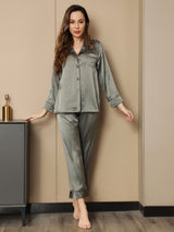 [Grayish Green] SilkSilky-AU Pure Silk Long Sleeve Notch Collar Women's Pyjamas 003