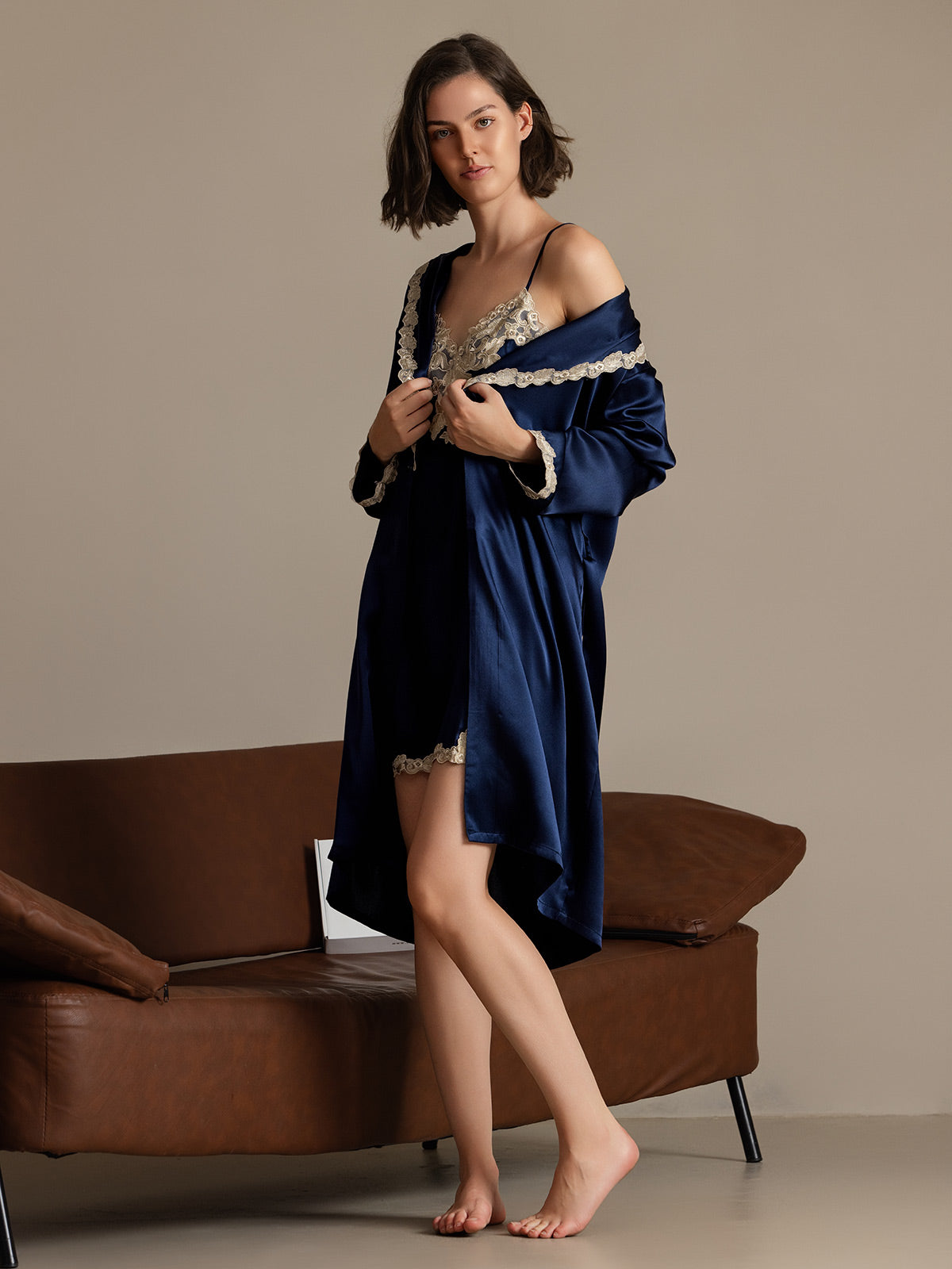 SilkSilky-AU Pure Silk Long Sleeve V Neck Nightgown&Dressing Gown Set DarkBlue 005