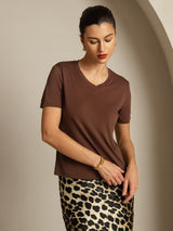 [Coffee] SilkSilky-AU Short Sleeve V Neck Women's T-Shirt 006