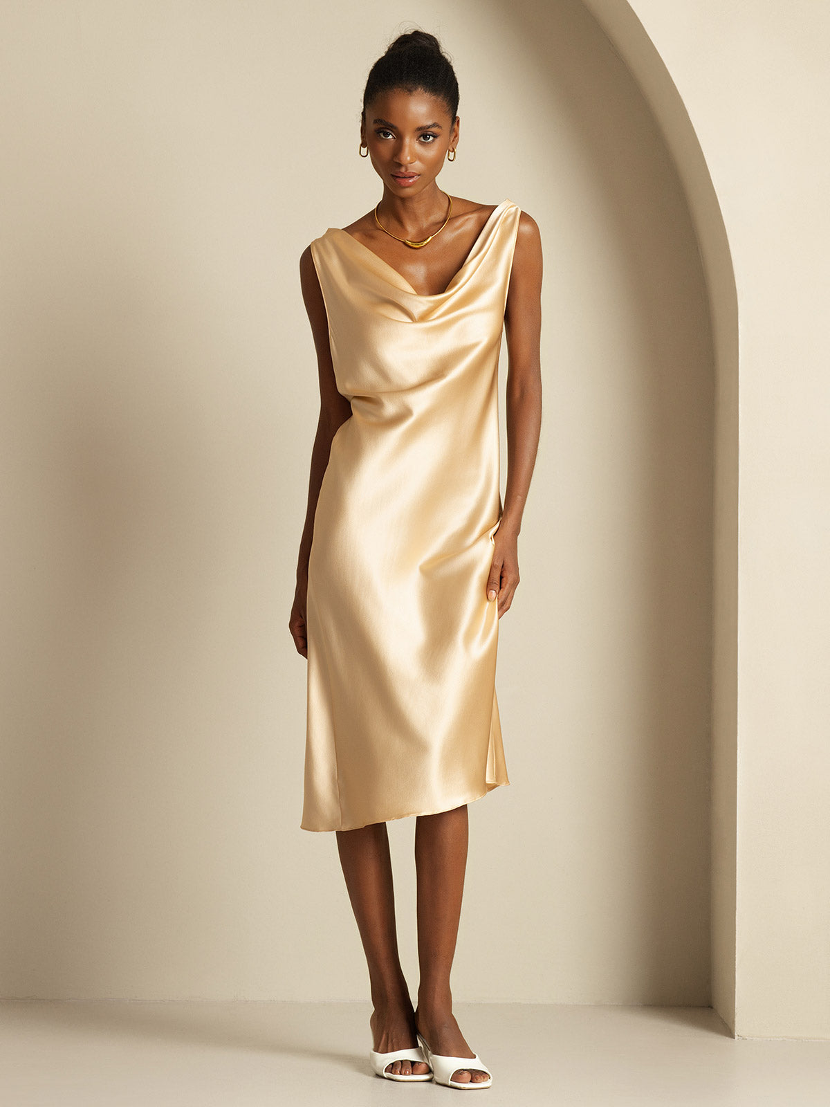 [Champagne] SilkSilky-AU 19Momme Silk Cowl Neck Dress 005