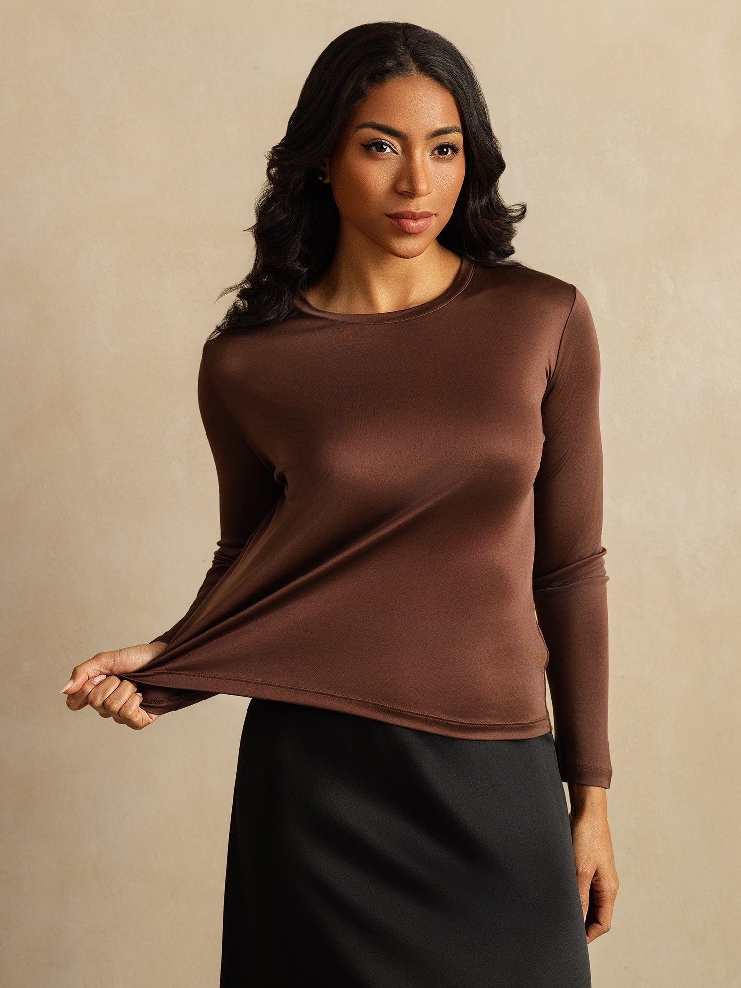 [Coffee] SilkSilky-AU Pure Silk Womens T-Shirt 007,