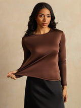 [Coffee] SilkSilky-AU 100% Silk Jersey Long Sleeve Crew Neck Women's T-Shirt 007