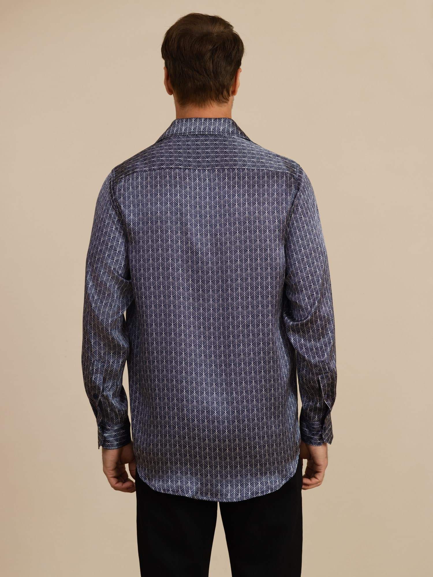 [Navy Ginkgo] SilkSilky-AU Long Sleeve Lapel Collar Men's Shirt 002