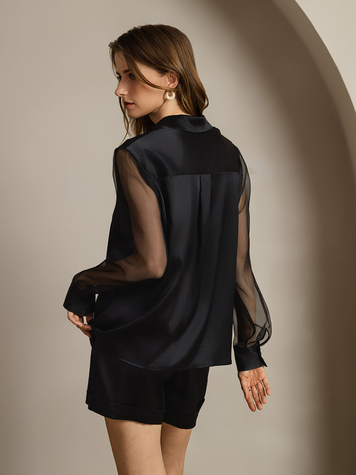 [Black] SilkSilky-AU 19Momme Silk Lapel Collar Women's Shirt 002