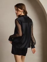 [Black] SilkSilky-AU 19Momme Silk Lapel Collar Women's Shirt 002,