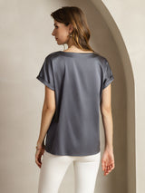 [Dark Gray] SilkSilky-AU 19Momme Stretch Silk Charmeuse Short Sleeve Boat Neck Women's T-Shirt 002