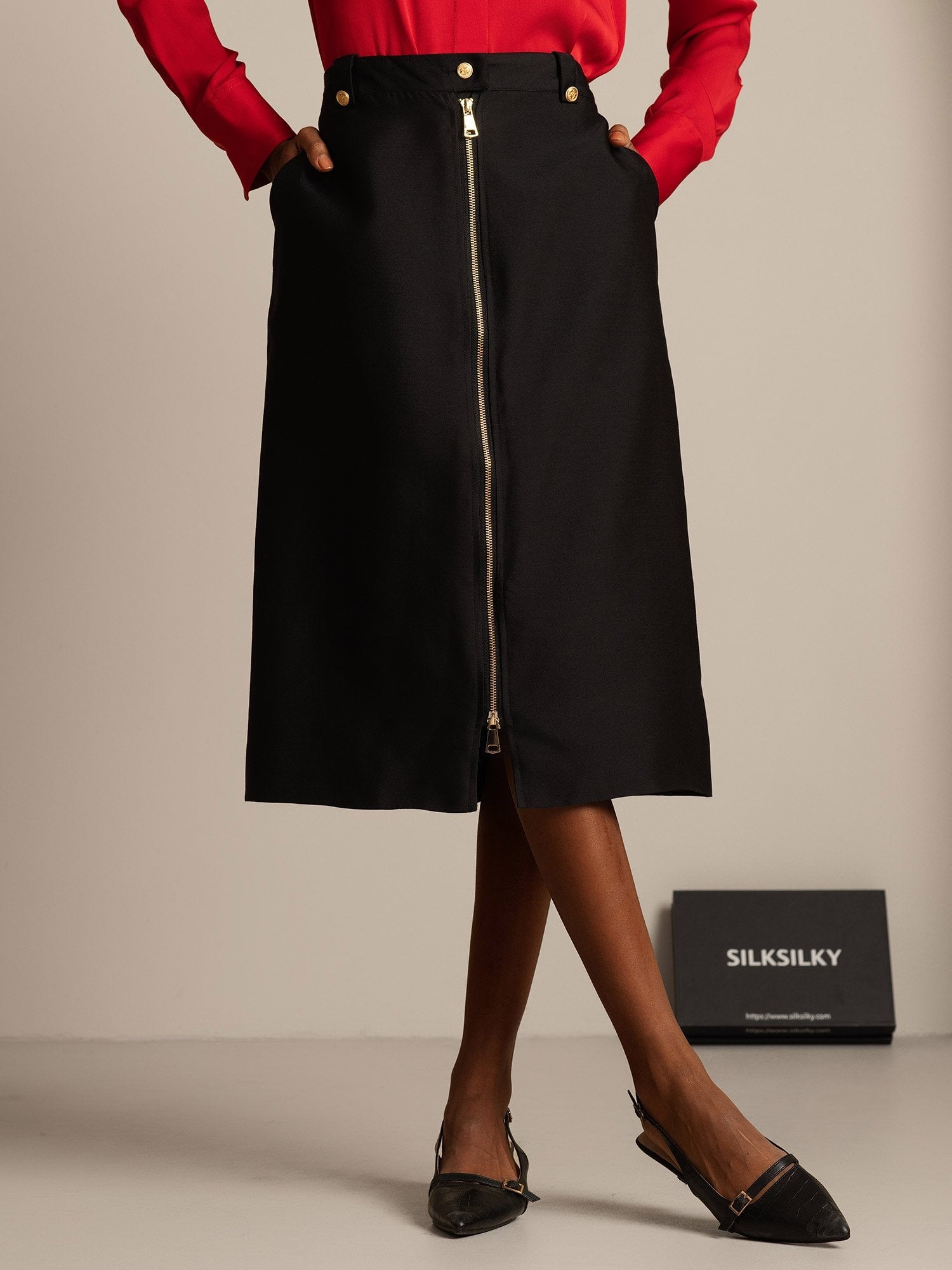 [Black] SilkSilky-AU 32Momme Wool Split Skirt 001,