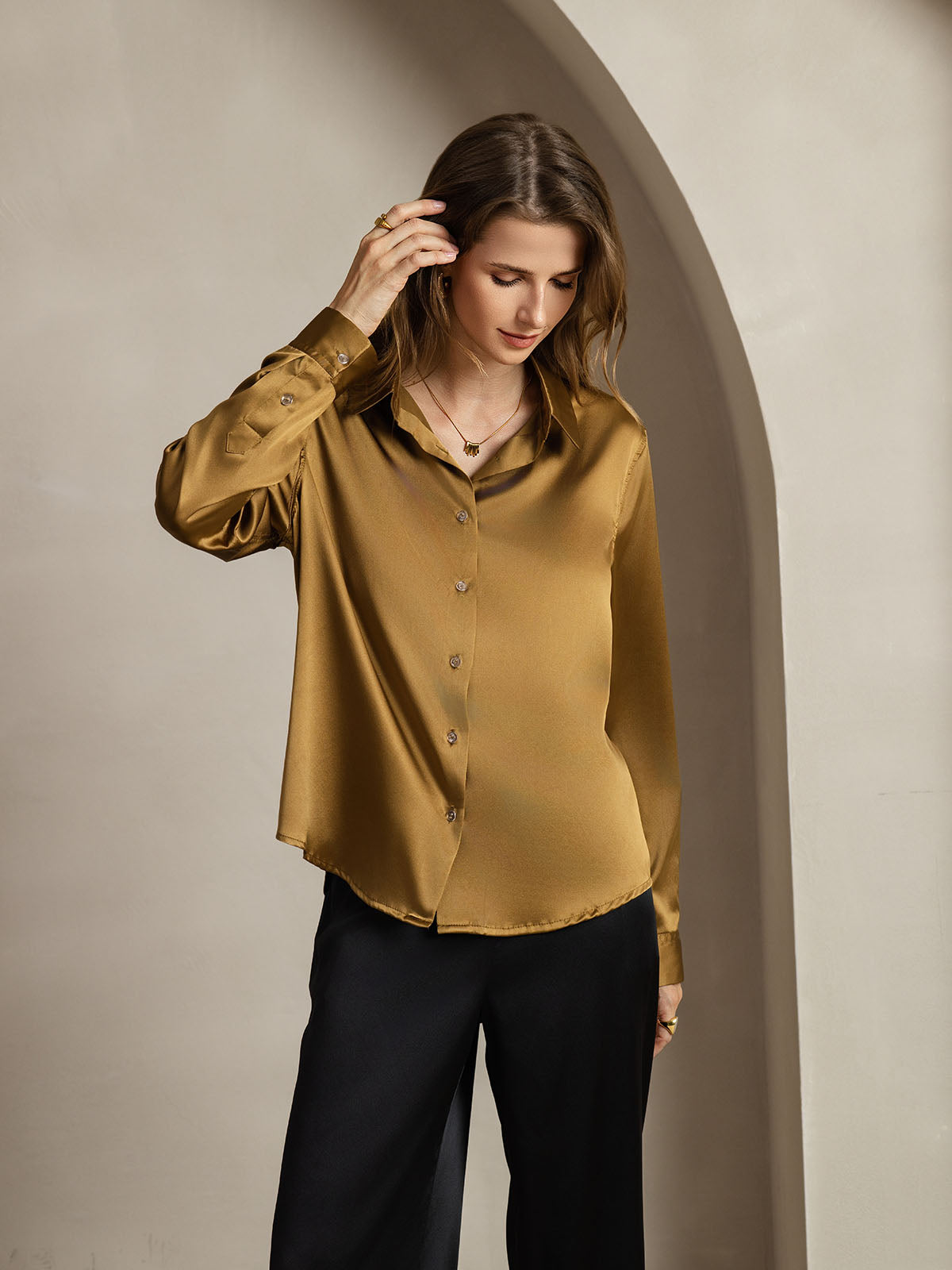 [Bronze] SilkSilky-AU Silk Long Sleeve Lapel Collar Women's Shirt 001