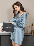 SilkSilky AU Pure Silk Long Sleeve Lapel Nightshirt SteelBlue 006