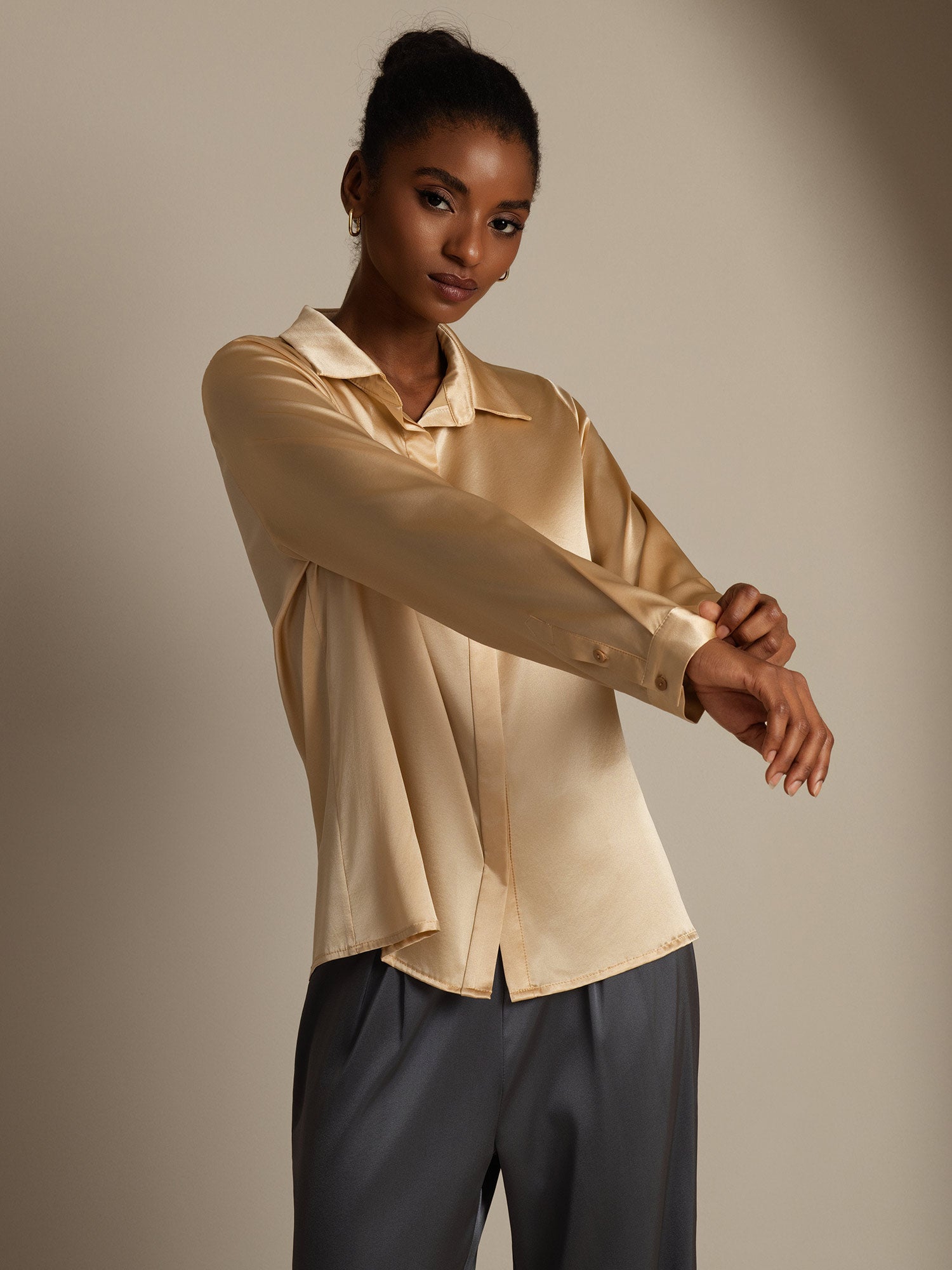[Champagne] SilkSilky-AU 19Momme Silk Lapel Collar Women's Shirt 005