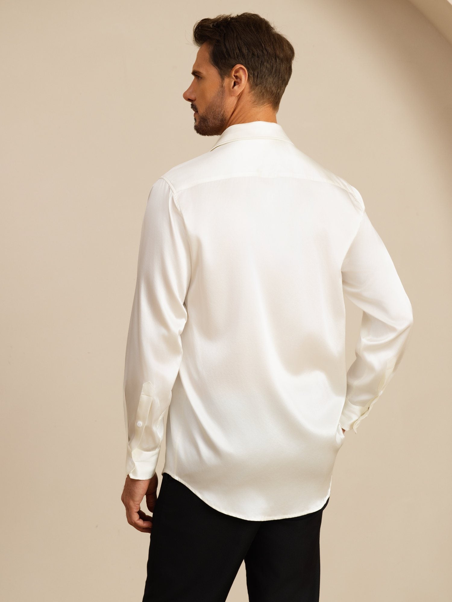 [White] SilkSilky-AU 19Momme Stretch Silk Charmeuse Long Sleeve Lapel Collar Men's Shirt 002