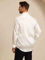 [White] SilkSilky-AU 19Momme Stretch Silk Charmeuse Long Sleeve Lapel Collar Men's Shirt 002