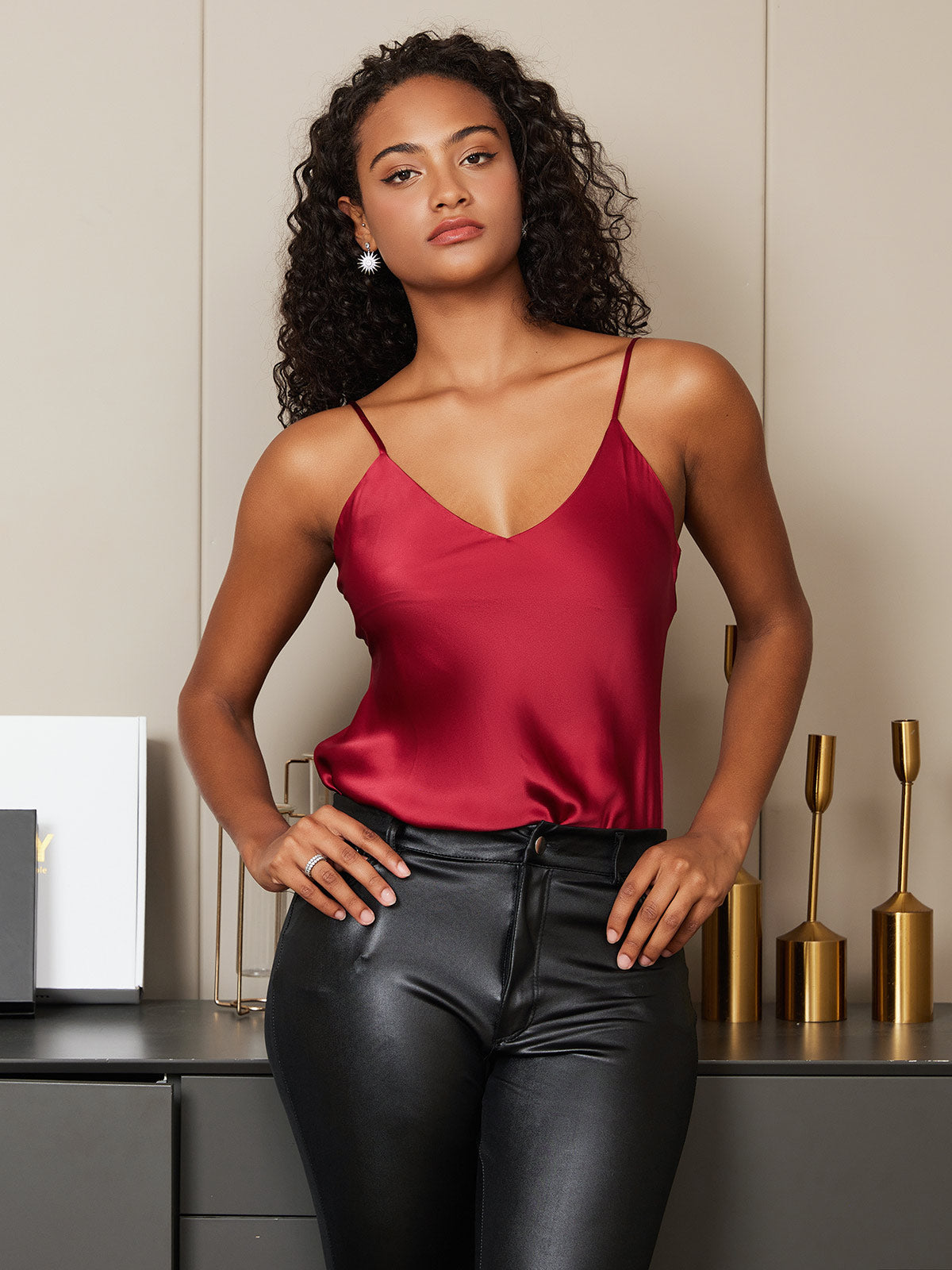 [Dark Red] SilkSilky-AU Pure Silk Sleeveless V Neck Camisole 004