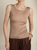 [Coffee] SilkSilky-AU 100% Silk Jersey Sleeveless Round Neck Women's T-Shirt 005