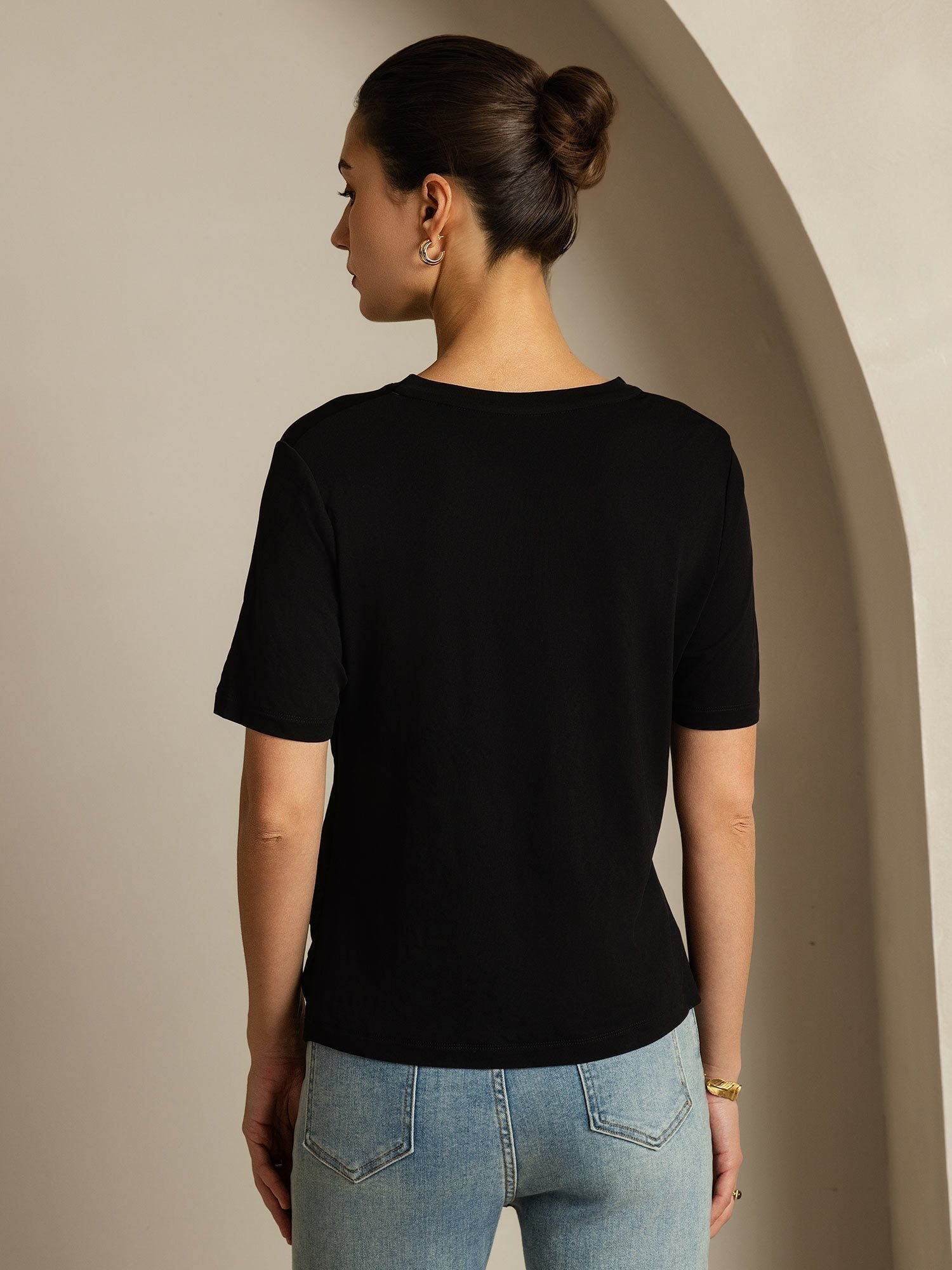 [Black] SilkSilky-AU 100% High-Twist Silk Jersey Short Sleeve V Neck Women's T-Shirt 002