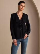 [Black] SilkSilky-AU Long Sleeve Deep V Neck Women's Blouse 001