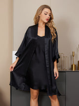 [Black] SilkSilky-AU 3/4 Sleeve V Neck Nightgown&Dressing Gown Set 001