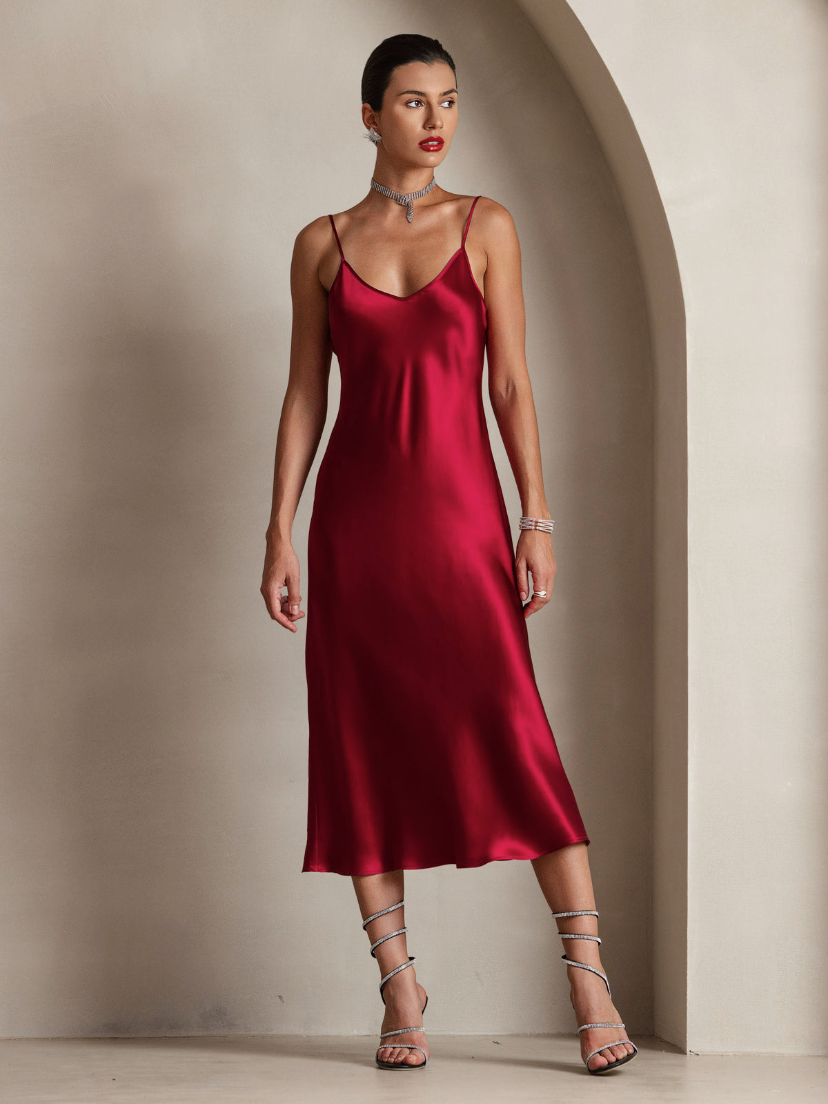[Wine] SilkSilky-AU Spaghetti Strap V Neck Dress 006