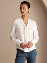 [White] SilkSilky-AU Long Sleeve Tie Neck Women's Blouse 004