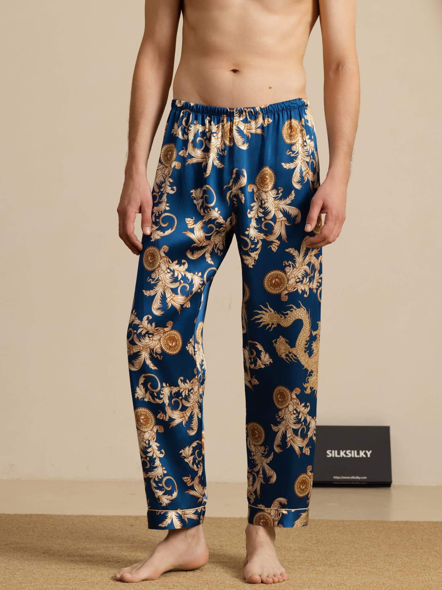 [Navy Dragon] SilkSilky-AU Men's Sleep Shorts 001