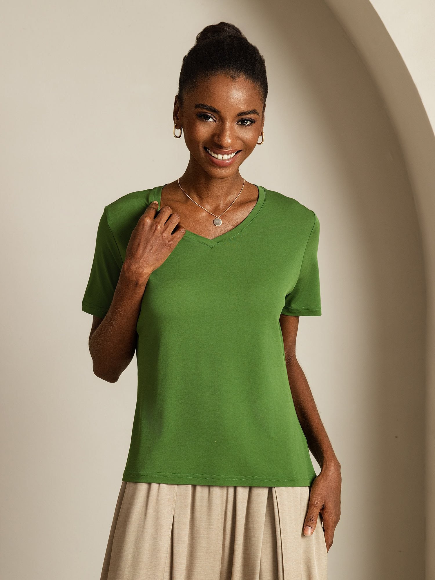 [Green] SilkSilky-AU Pure Silk V Neck Women's T-Shirt 005