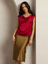 [Wine] SilkSilky-AU Cap Sleeve Cowl Neck Women's T-Shirt 001