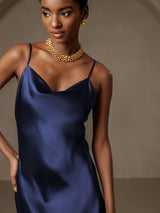 [Dark Blue] SilkSilky-AU Spaghetti Strap Cowl Neck Dress 007