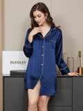 SilkSilky AU Pure Silk Long Sleeve Lapel Nightshirt DarkBlue 001