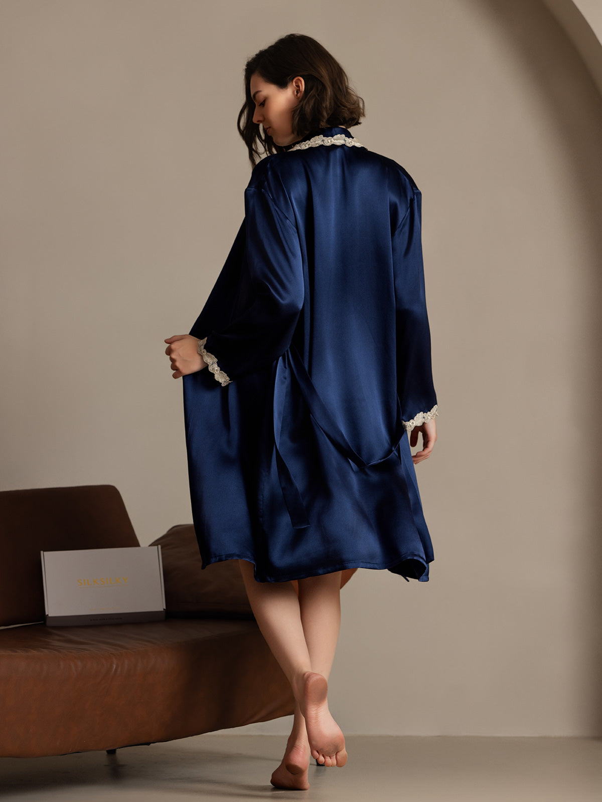 SilkSilky-AU Pure Silk Long Sleeve V Neck Women's Dressing Gown DarkBlue 002