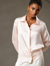 [Pink] SilkSilky-AU 19Momme Stretch Silk Charmeuse Long Sleeve Lapel Collar Women's Shirt 004