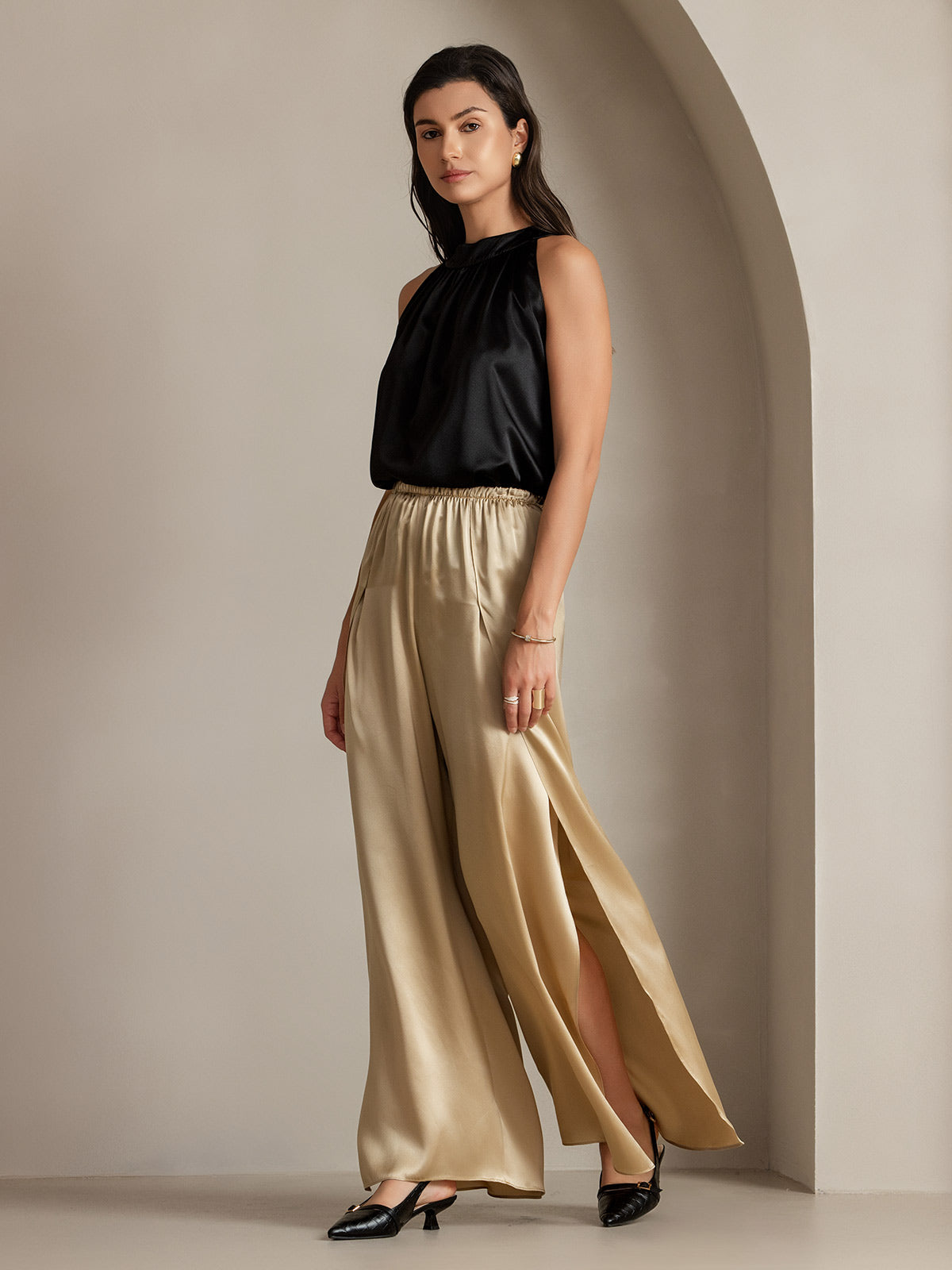 [Champagne] SilkSilky-AU 19Momme Silk Split Women's Pants 014