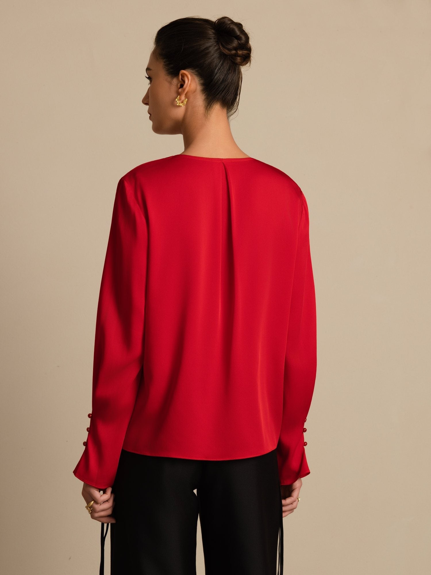 [Wine] SilkSilky-AU 19Momme Stretch Silk Double Georgette Long Sleeve V Neck Blouse 002