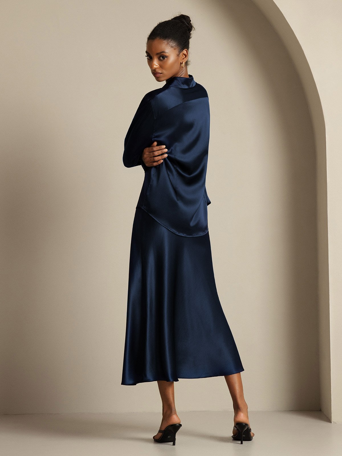 [Dark Blue] SilkSilky-AU 19Momme Silk Knitted Lapel Collar Women''s Outfit Sets 005,