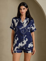 [Navy Cheetah] SilkSilky-AU Short Sleeve Notch Collar Women's Pyjamas 004