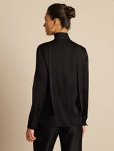 [Black] SilkSilky-AU 19Momme Stretch Silk Charmeuse Long Sleeve Tie Neck Blouse 002